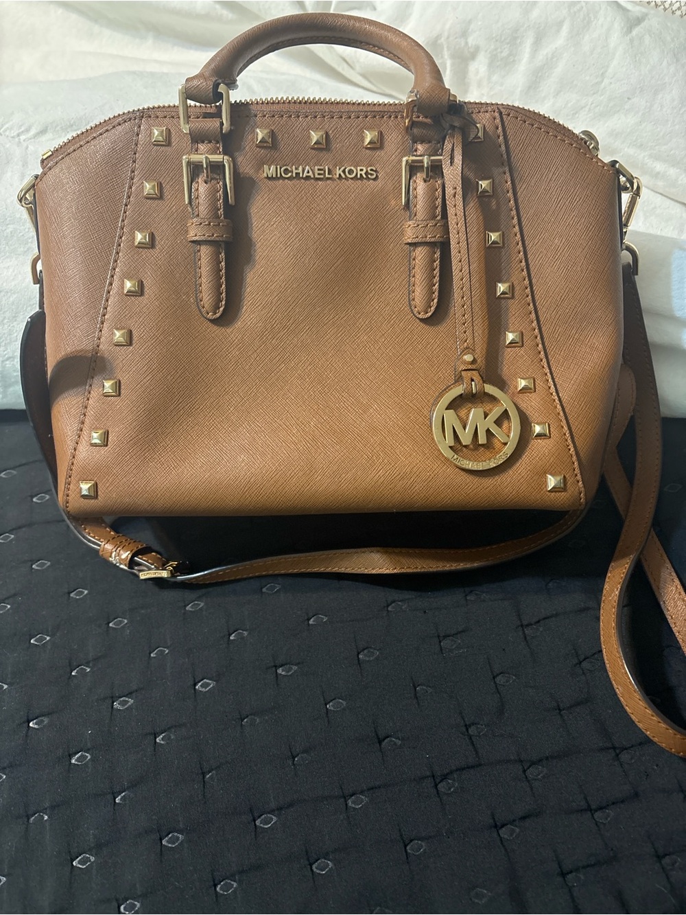Michael Kors Cognac Saffiano Leather Satchel with Gold Tone Hardware